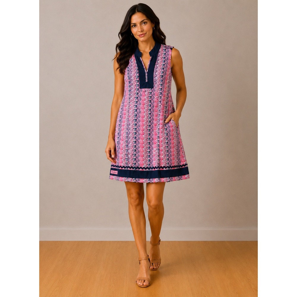 Simply Southern Womens XL Pink Navy Seashell Sleeveless Shift Dress with Pockets